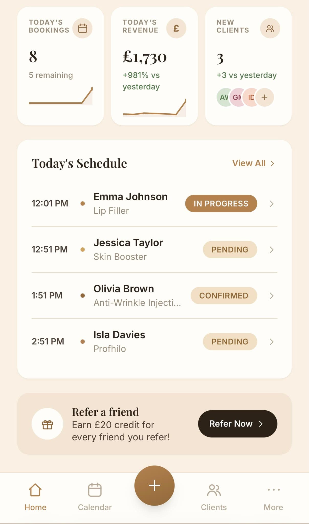 Boulé Aesthetics today's schedule screen
