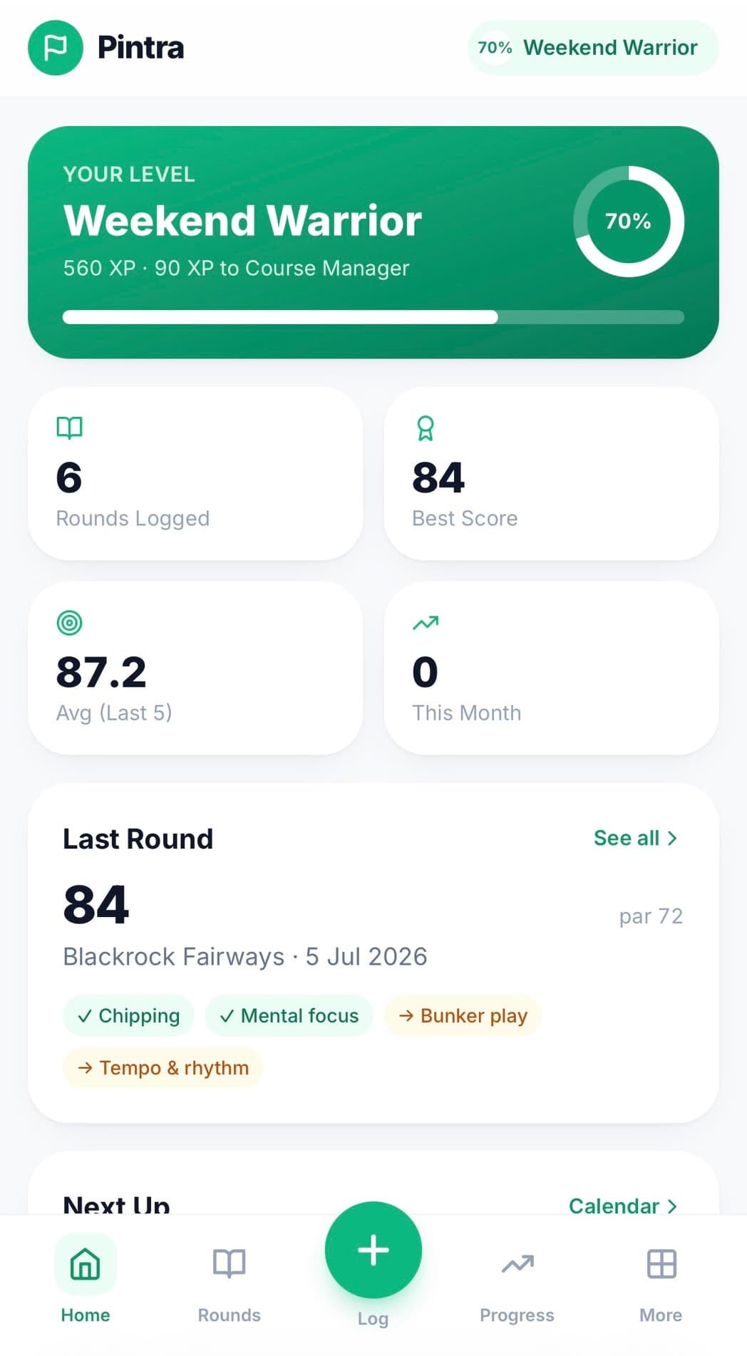 Pintra home dashboard with level and stats